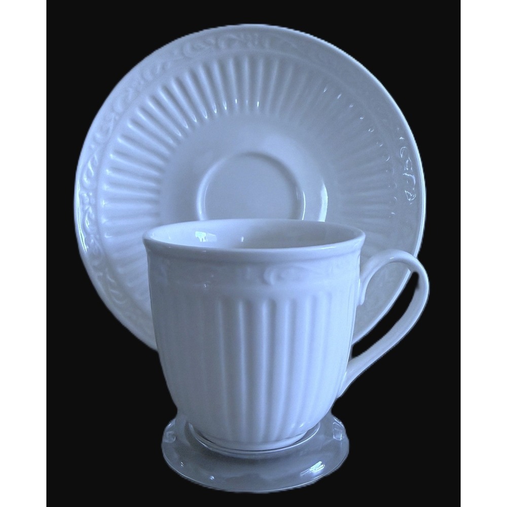 2 Mikasa Italian Countryside Cup & Saucer Sets White Ribbed Stoneware DD900 3"
